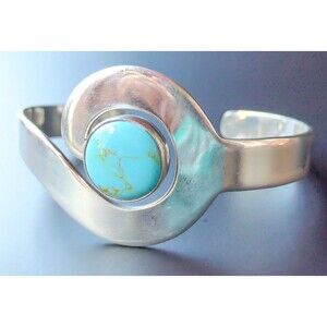 Vintage Turquoise 925 Sterling Silver Circle 14.3mm Cuff Bracelet 30.92g Vintage
